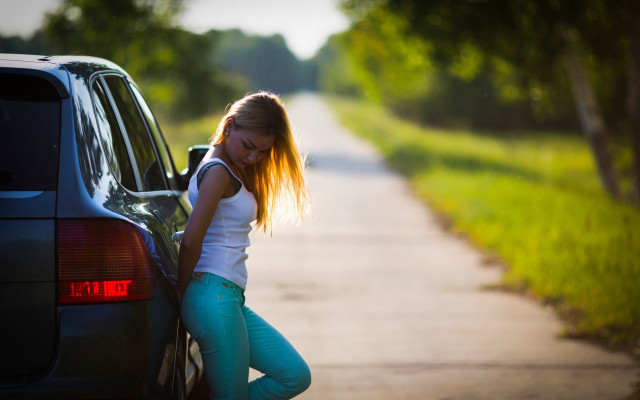 Girl car leaning blonde denim free wallpaper - medium preview image