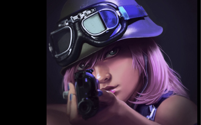 Woman camera helmet gun aiming free wallpaper - medium preview image