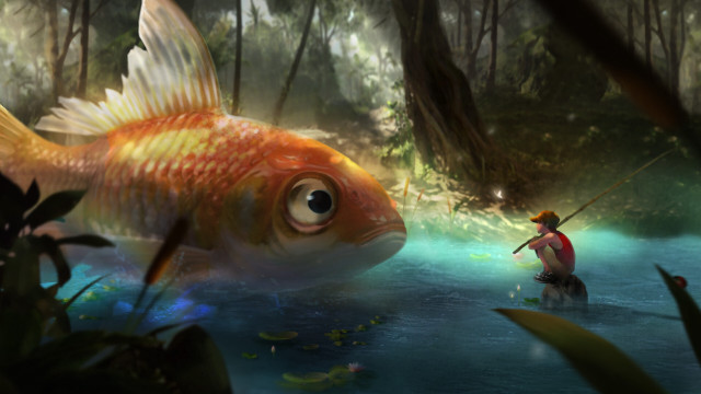 Fishing man river fantasy illustration free wallpaper - medium preview image