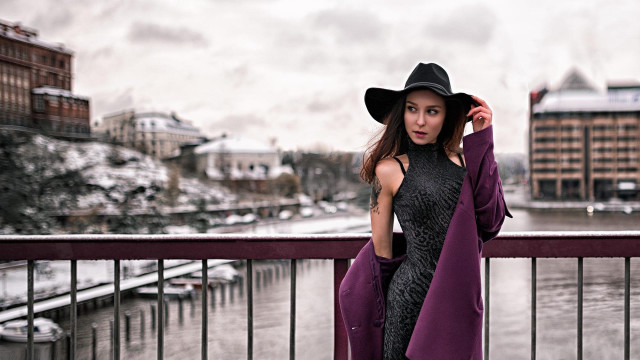 Woman hat purple coat balcony free wallpaper - medium preview image