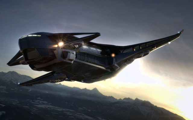 Futuristic airplane mountains sunset clouds free wallpaper - medium preview image