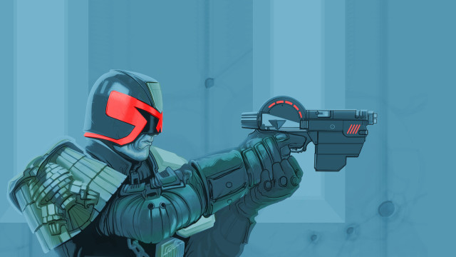 Futuristic suit man aiming gun free wallpaper - medium preview image