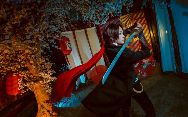 Woman black sword red scarf free wallpaper - medium preview image