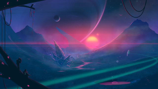 Futuristic landscape river mountains sunset free wallpaper - medium preview image