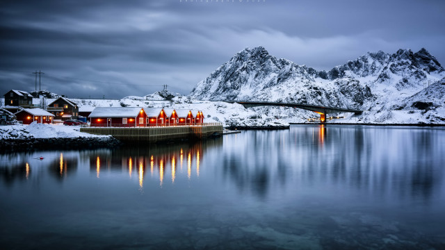 Snowy mountain house bridge water free wallpaper - medium preview image
