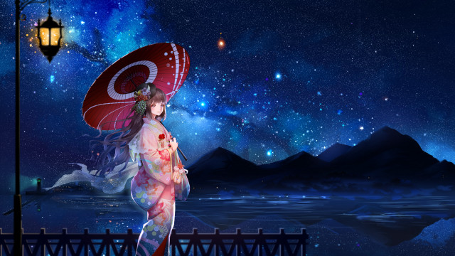 Kimono umbrella night sky stars free wallpaper - medium preview image