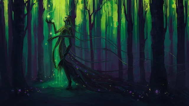 Woman green dress forest glowing free wallpaper for desktop - medium preview image