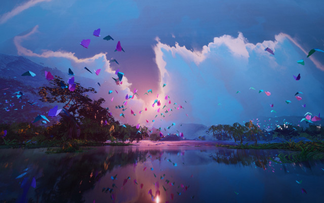 Sunset kites lake mountains fantasy free wallpaper - medium preview image