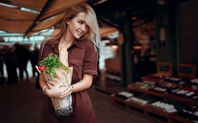 Marketwoman vegetables shoes blonde makeup free wallpaper - medium preview image