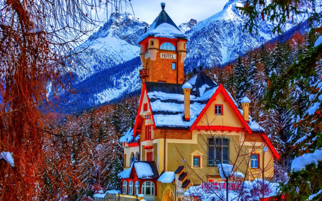 House tower snowy mountains autumn free wallpaper - medium preview image