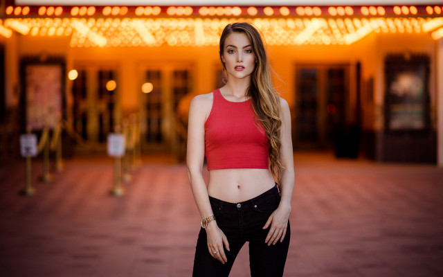 Woman red top building neon free wallpaper - medium preview image