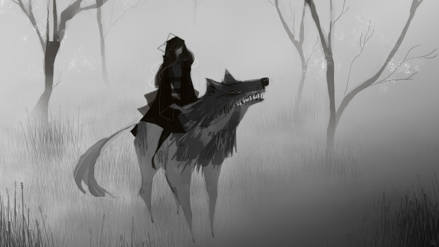 Foggy forest horse wolf sketch free wallpaper - medium preview image