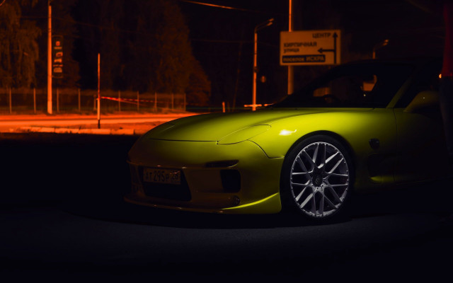 Yellow sports car night streetlight free wallpaper - medium preview image