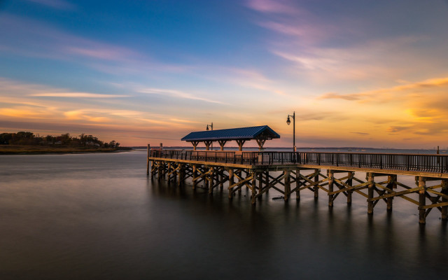 Pier blue roof sunset clouds free wallpaper - medium preview image