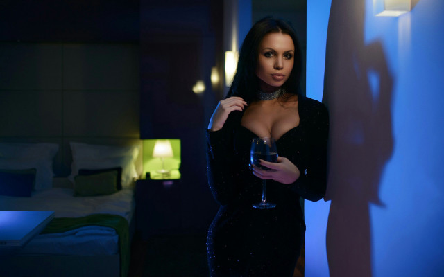 Woman blackdress wineglass bluelight romanticism free wallpaper - medium preview image