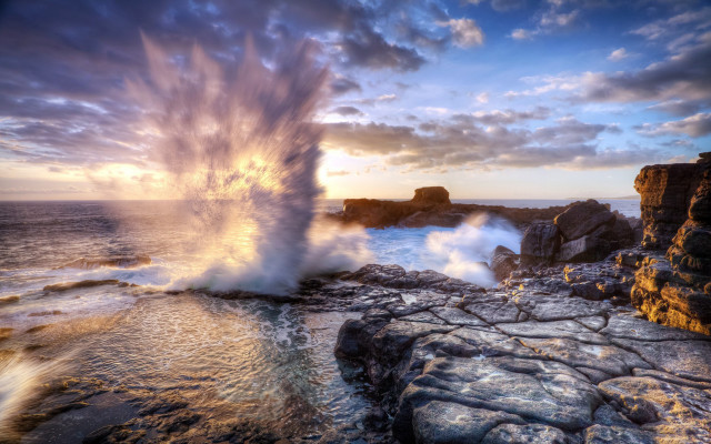 Sunset wave rocks ocean shore free wallpaper - medium preview image