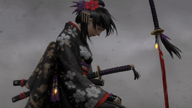 Woman kimono swords cloudy sky free wallpaper - medium preview image