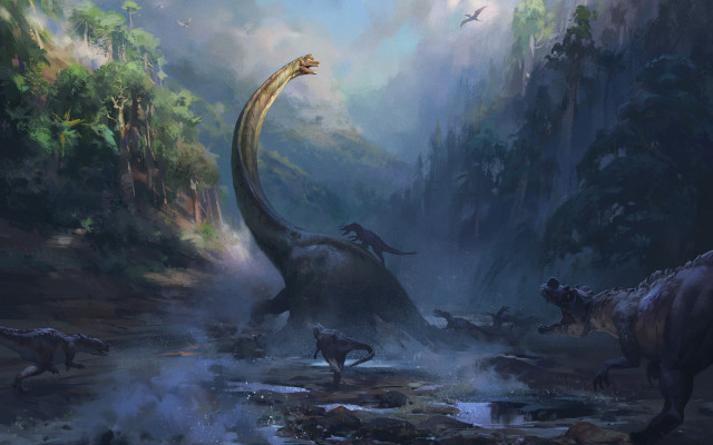 Dinosaur forest animals bird fantasy free wallpaper - medium preview image