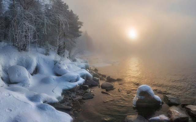 River snow rocks sun fog free wallpaper - medium preview image