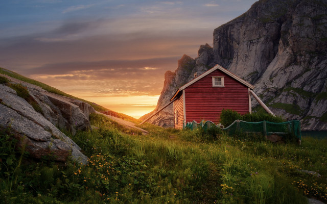 Red house hillside mountain sunset free wallpaper - medium preview image