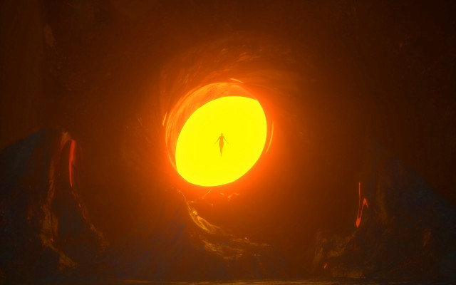 Yellow light cave person raytraced free wallpaper - medium preview image