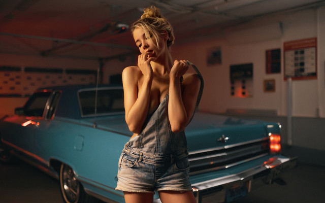 Woman bluecar garage hands on free wallpaper - medium preview image