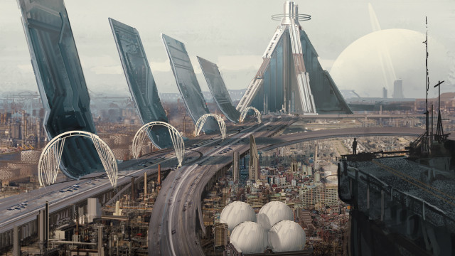 Futuristic city bridge tall buildings free wallpaper - medium preview image