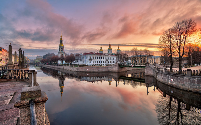 River bridge building sunset clouds free wallpaper - medium preview image