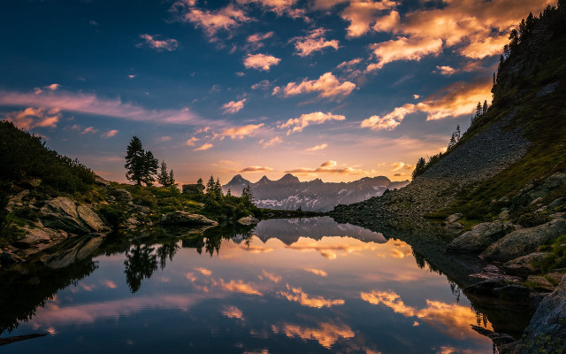 Lake mountains trees sunset cloudy #4 free wallpaper - medium preview image