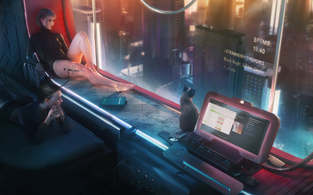 Woman laptop cat cyberpunk retrofuturism free wallpaper - medium preview image