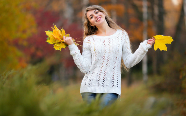 Woman leaves smiling autumn field free wallpaper - medium preview image