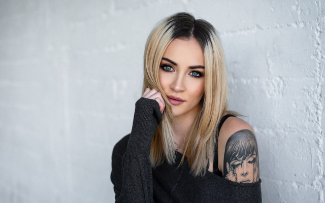 Woman tattoo portrait black blonde free wallpaper - medium preview image