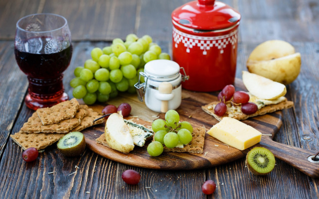Wooden board cheese grapes wine free wallpaper - medium preview image