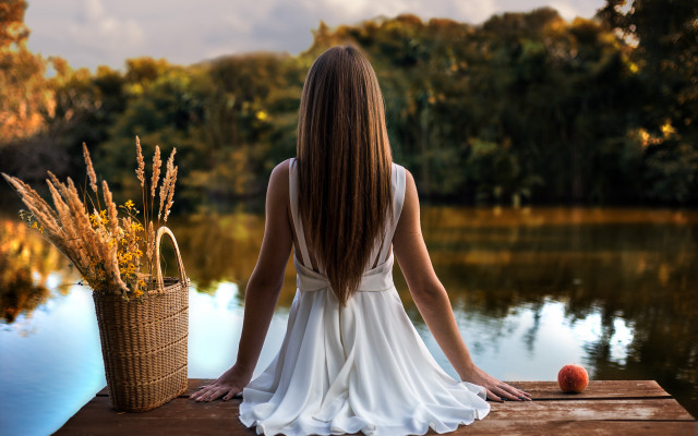 Woman dock apple basket autumn free wallpaper - medium preview image