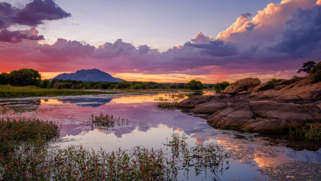 Sunset lake mountain clouds forest free wallpaper - medium preview image