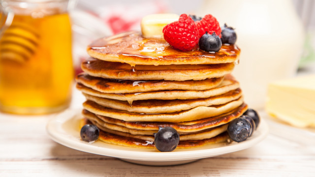 Pancakes blueberries butter honey plate free wallpaper - medium preview image
