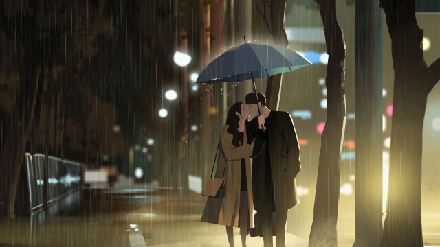 Couple kissing umbrella rain city free wallpaper - medium preview image