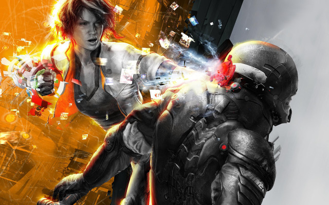 Woman gun man futuristic suit free wallpaper - medium preview image