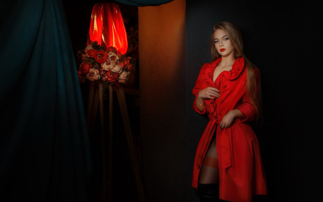 Woman red coat red lamp free wallpaper - medium preview image