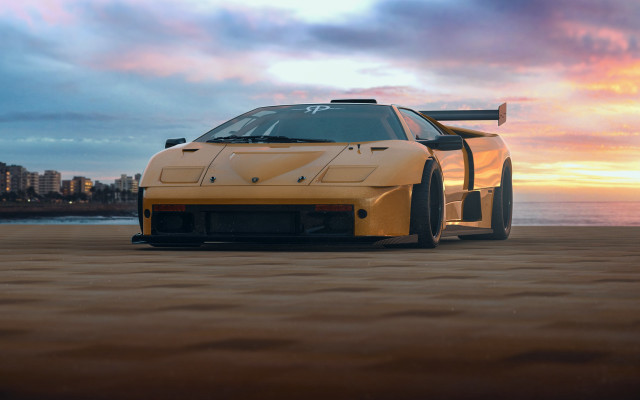 Yellow sports car beach sunset free wallpaper - medium preview image