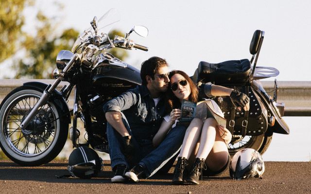 Man woman motorcycle bridge trees free wallpaper - medium preview image