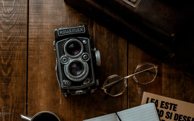 Camera glasses notebook pen wooden free wallpaper - medium preview image