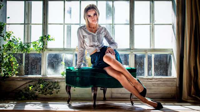 Woman green chair window plant free wallpaper - medium preview image