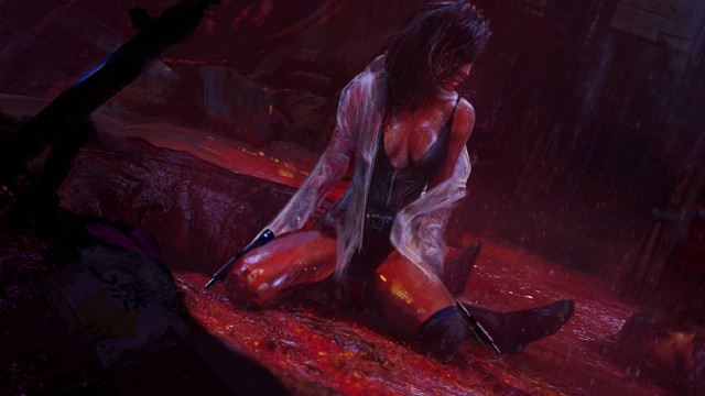 Woman sitting rain knife bloody free wallpaper - medium preview image