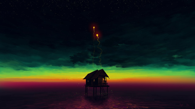 Stilt house ocean night magic free wallpaper - medium preview image