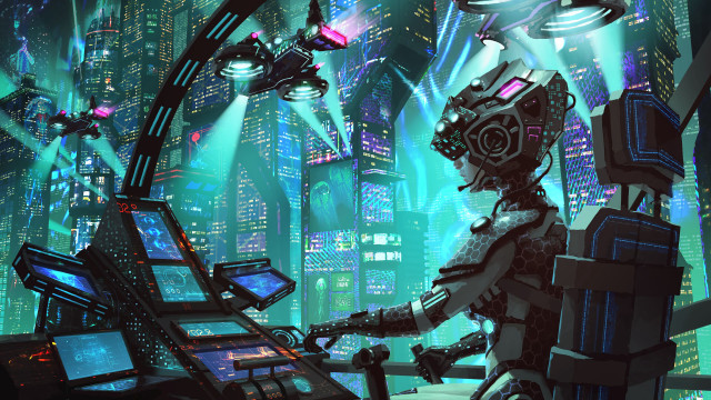 Futuristic robot city night neon free wallpaper - medium preview image