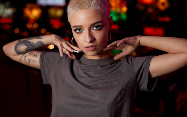 Woman tattoo bar neon portrait free wallpaper - medium preview image
