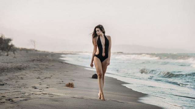 Woman beach dog sand sunset free wallpaper - medium preview image
