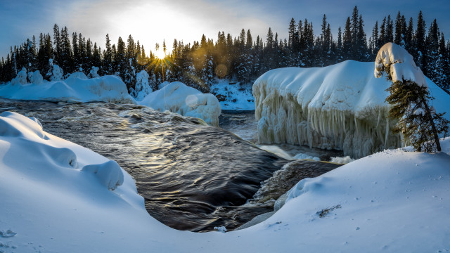 Snowy forest river ice mountains free wallpaper - medium preview image