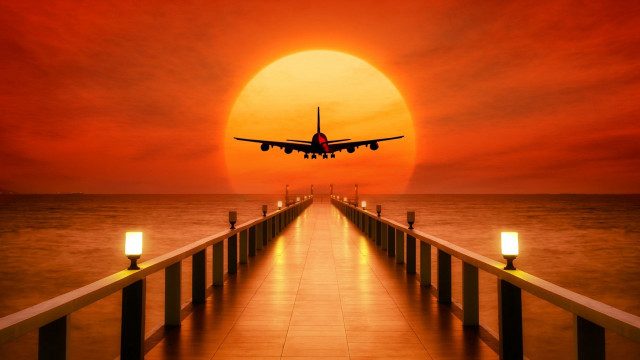 Sunset plane over pier matte free wallpaper - medium preview image
